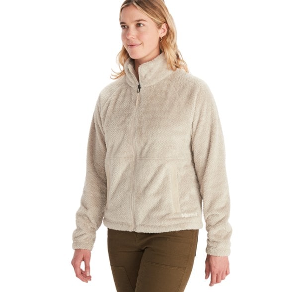 Front view of the AdventureReady Women's Fleece Jacket in a serene hiking environment.