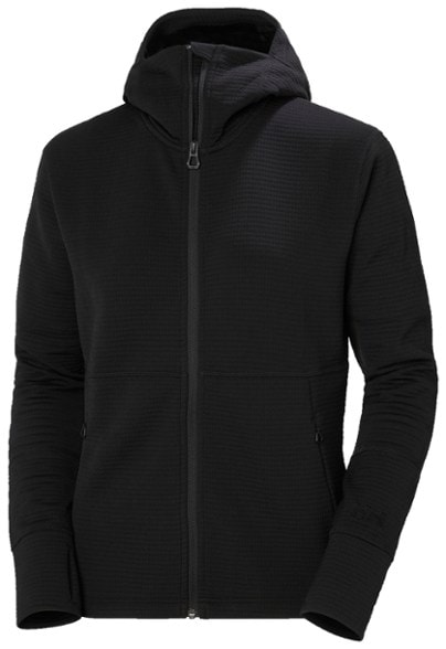 Front view of the women's fleece jacket showing high collar and hood