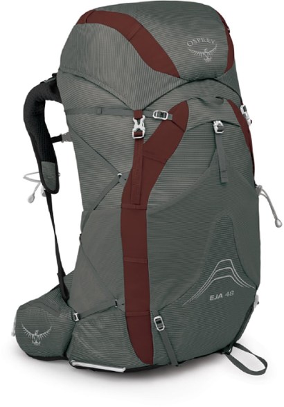 Osprey Eja 48 hiking pack showing AirSpeed suspension and stretch-mesh pockets.