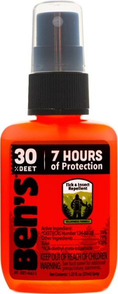 Ben's 30% DEET insect repellent spray bottle showcased outdoors, perfect for camping trips.