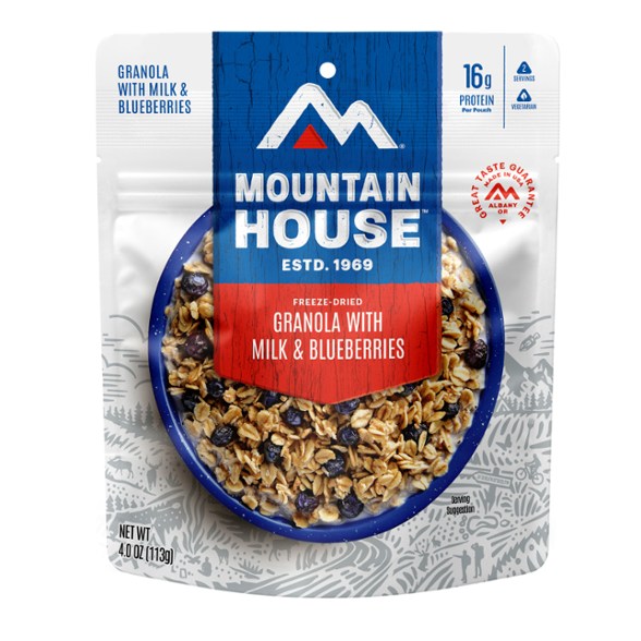 Close-up of TrailFuel Blueberry Crunch freeze dried granola with real blueberries and oats