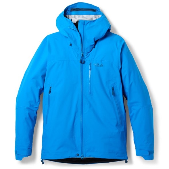 Front view of Rab Firewall Pro waterproof jacket for men, featuring adjustable hood and zippered pockets ideal for hiking