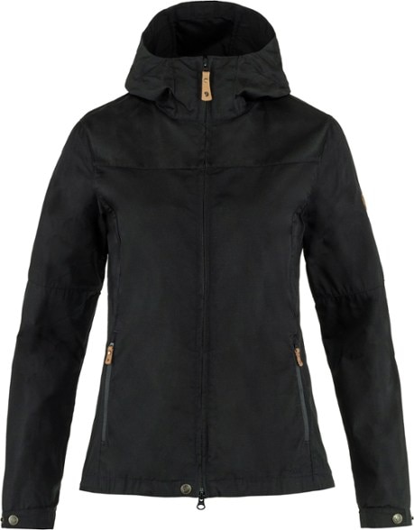 Stina Women's Casual Jacket shown in urban setting, highlighting the durable fabric and hood.