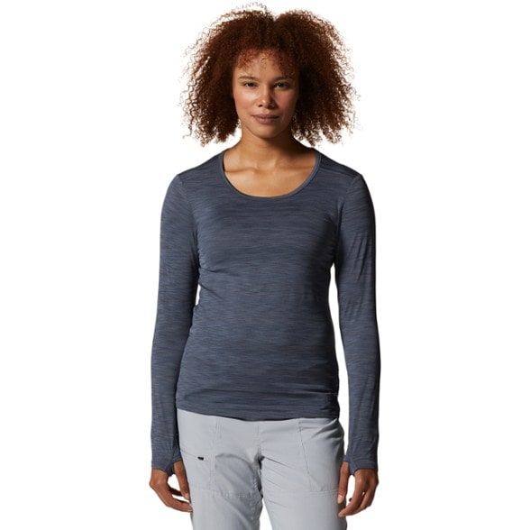 Close-up of the Mighty Stripe women's long sleeve shirt showcasing its breathable fabric and UPF 30 protection.