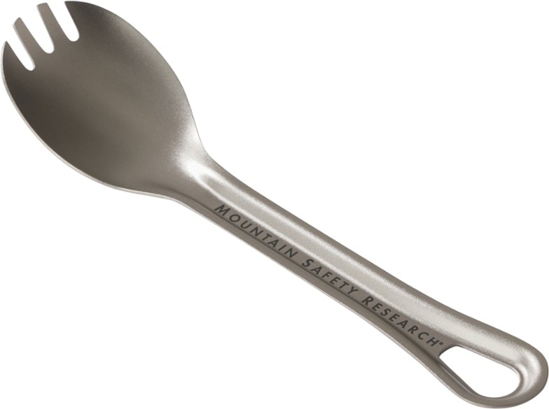 Close-up of the lightweight titanium camping spork showing durable design and carry loop