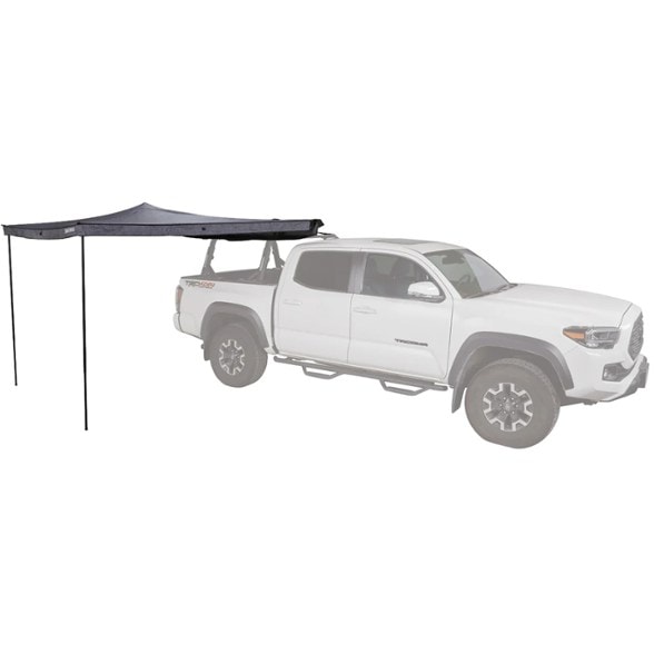 Angled view of the TrailGuard 270 awning deployed from a right-side SUV, showing expansive sun coverage