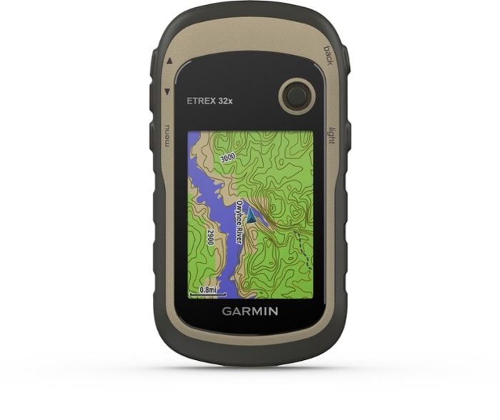 Garmin eTrex 32x GPS device showing topographic map in sunlight