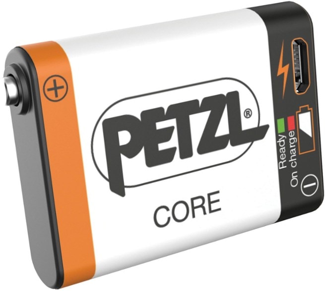 Petzl Core battery showing USB charging port and specifications.