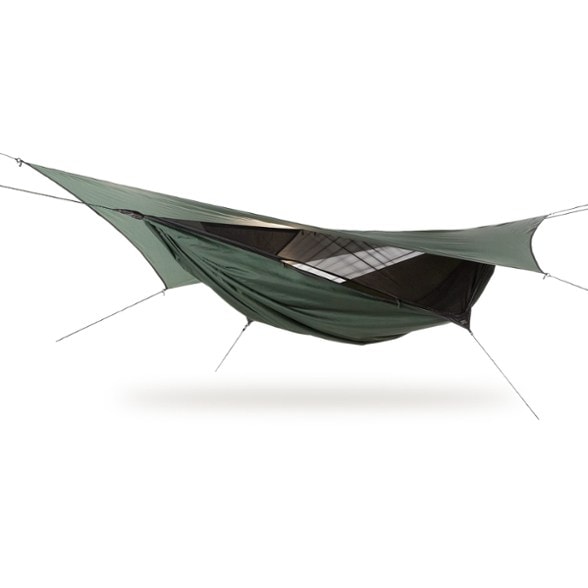 Asymmetrical camping hammock set up in a forest with rainfly attached.
