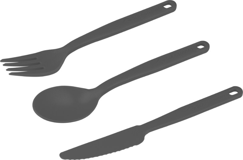 Close-up of TrailNest camp cutlery laid out on a wooden picnic table next to camping utensils pouch.