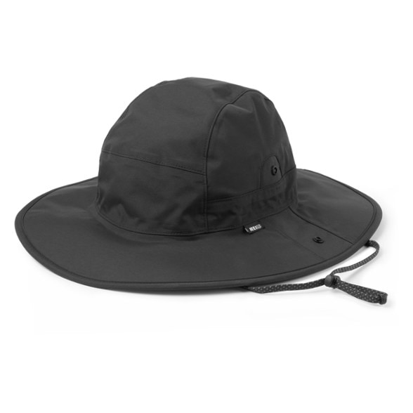 Side profile of SummitShield sun protection hat showing snap-up brim and chin strap