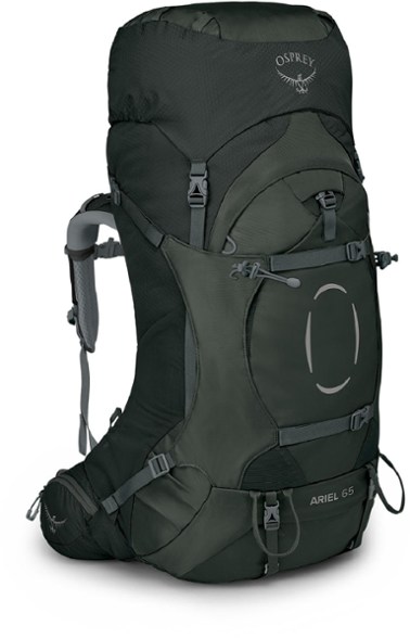 Osprey Ariel 65 Women's Custom Fit Backpack at a scenic hiking trail, demonstrating its adjustable straps and durable design.