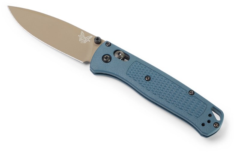Benchmade Bugout knife with a Crater Blue handle shown outdoors