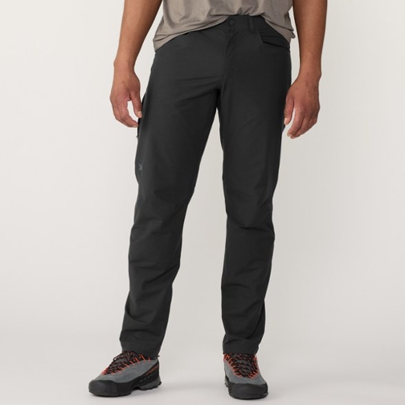Front view showing wide waistband and gusseted crotch of men's hiking pants.