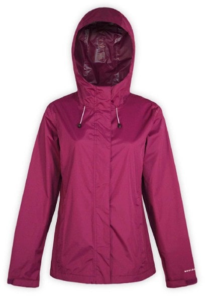 Front view of women's rain jacket in motion on hiking trail with hood up