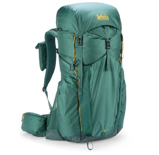 Side view of men's hiking backpack showing adjustable torso and ventilated hipbelt for comfort