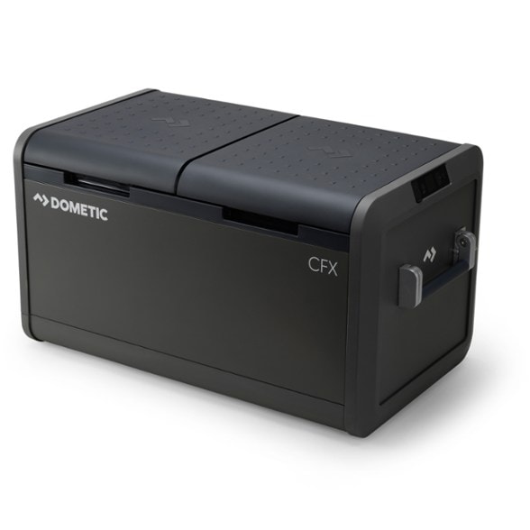 Front view of the Dometic CFX5 75L Dual-Zone Powered Cooler in an outdoor setting.