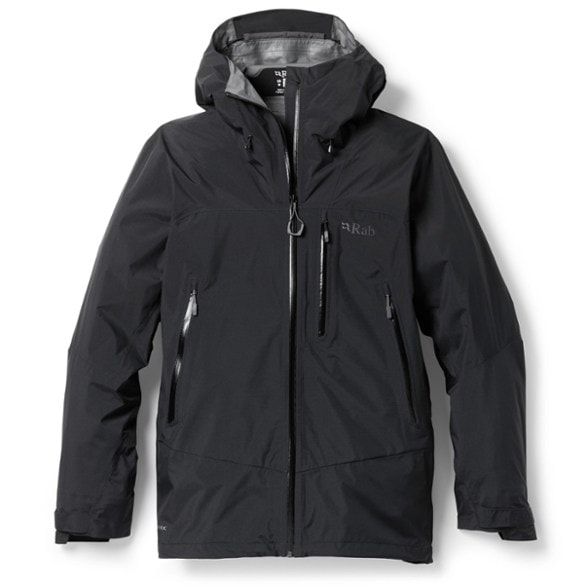 Men's Downpour Mountain Waterproof Jacket showcasing the adjustable hood and zipper features.