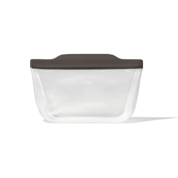 Eco silicone stand-up food storage bag showcasing outdoor use for camping supplies