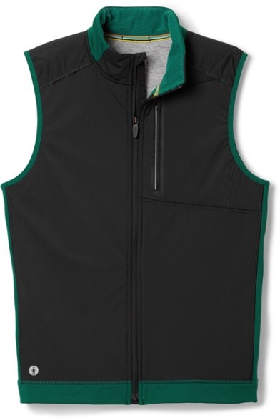 Front view of fleece insulated vest with secure-zip chest pocket and windproof nylon panel