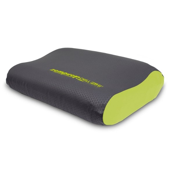 Chill Comfort Self-Inflating Pillow in a tent setup, highlighting its ergonomic design.