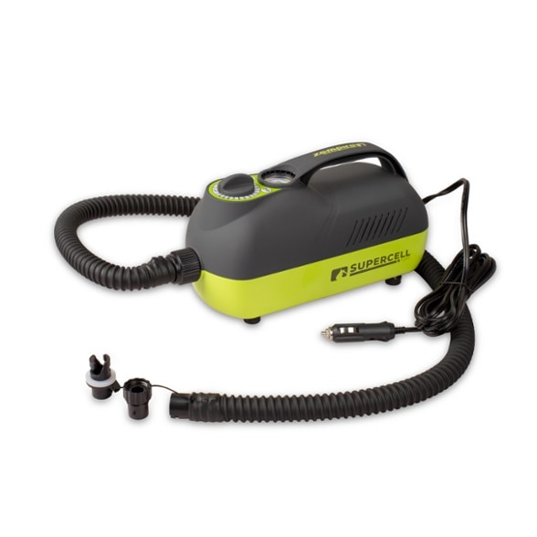 Zempire 12V inflatable tent pump in action at a campsite.