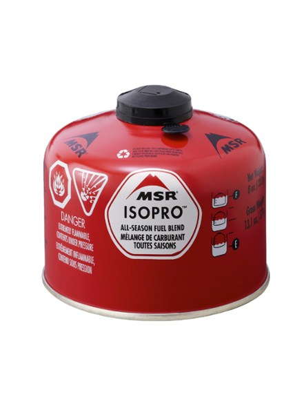 MSR IsoPro Fuel Canister viewed from the side, showcasing its compact size for backpacking.