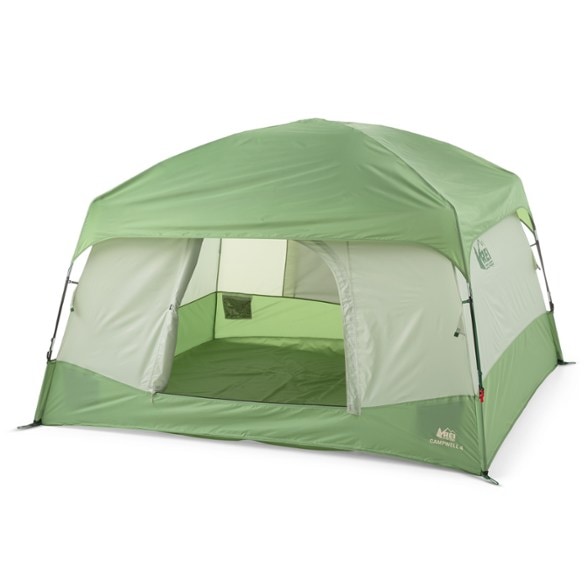 Campwell family tent exterior showing cabin-style walls and large mesh ceiling for ventilation