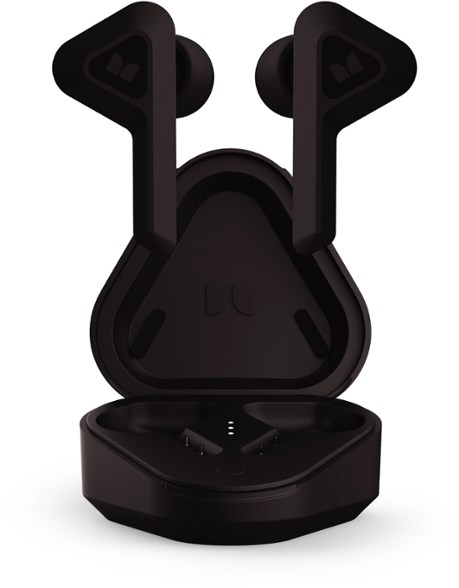 Close-up of Monster DNA Go True Wireless Earbuds showcasing sleek design and touch controls.