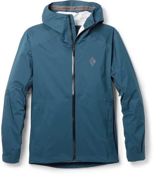 Men's Ultimate Stretch Shell Jacket in action during a rainstorm, showcasing its waterproof features.