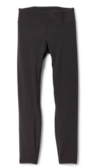 Front view of Maipo active kids tights showing mid-rise waistband and pocket for outdoor activities