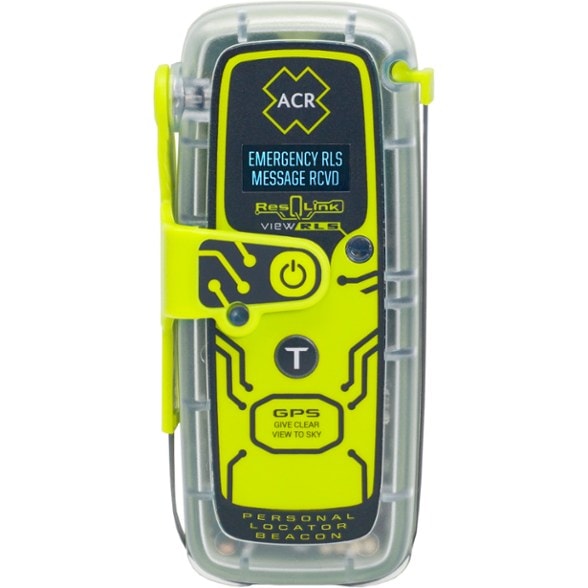 ACR ResQLink View RLS emergency beacon displayed in outdoor setting, showcasing its compact design.