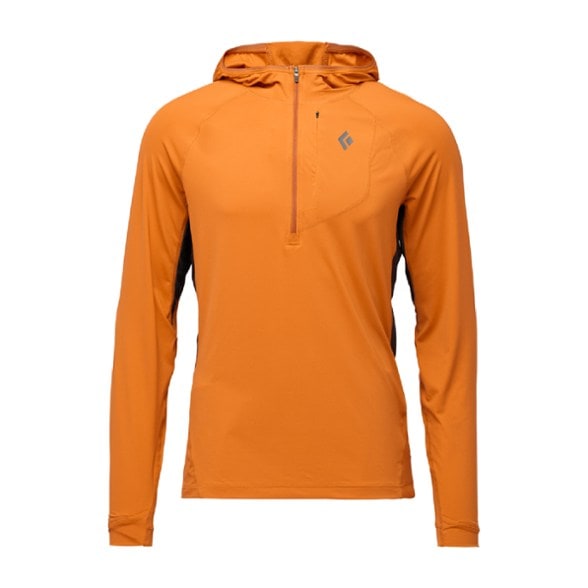 Men's Alpenglow Pro Hoody in action on a mountain trail, demonstrating sun protection and water resistance.