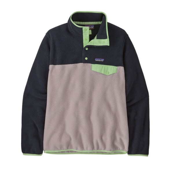 Patagonia Women's Lightweight Snap-T Fleece Pullover in blue, showcasing the stand-up collar and snap placket.