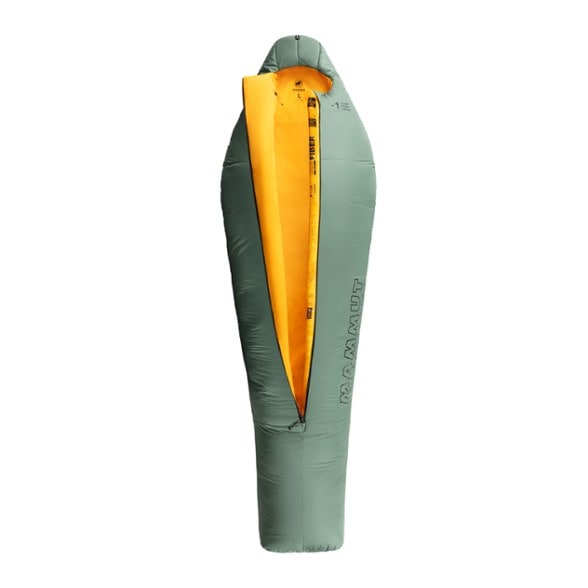 Mammut Comfort Fiber 30°F sleeping bag displayed in a forest setting, highlighting its mummy shape and eco-friendly materials.