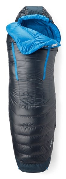 NEMO Riff 30 down sleeping bag showcasing its spacious design and Thermo Gill vents for temperature control.