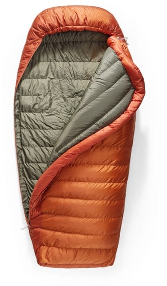 Basecamp 15F sleeping bag opened at a campsite during cold weather, demonstrating its spacious interior and cozy design.