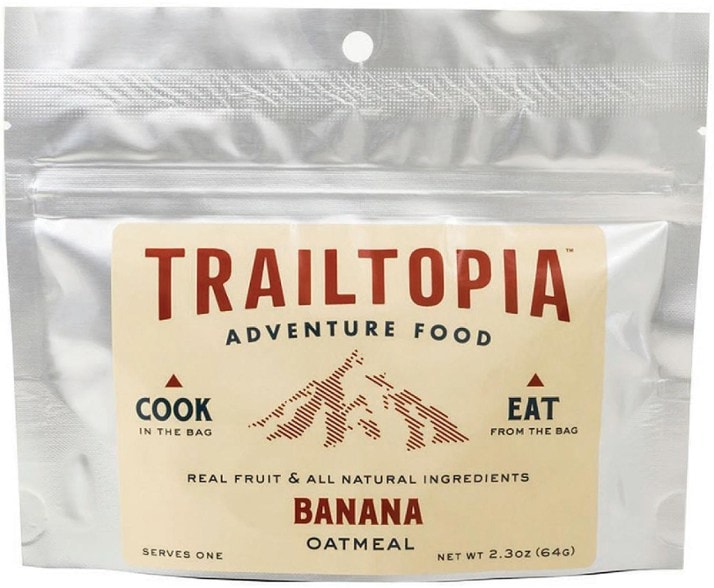 Close-up of TrailFuel Banana Boost instant oatmeal pouch showing gluten-free breakfast branding