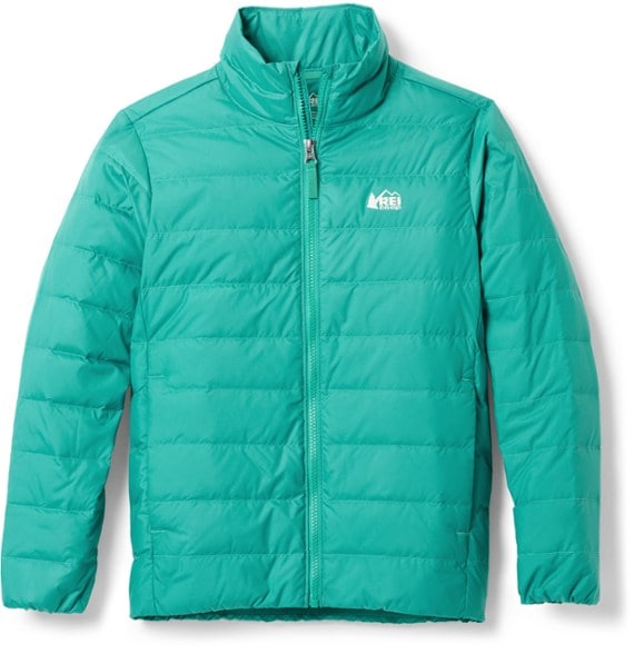 Front view of TrailNest 650 kids down jacket in action during a brisk outdoor hike