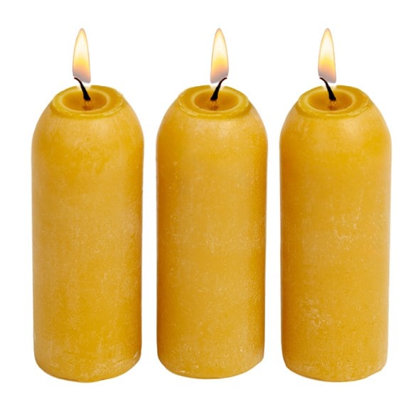 Image of eco-friendly long-burning beeswax candle lanterns set against a camping backdrop.