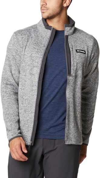 Columbia full-zip fleece hiking jacket displayed on a model outdoors, highlighting the cozy fabric.