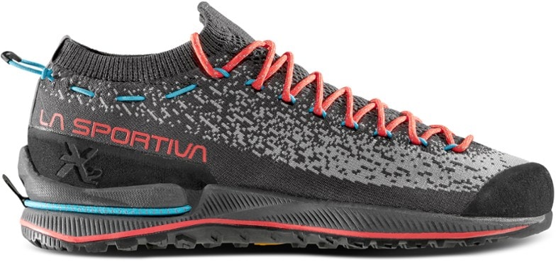 La Sportiva TX2 EVO Women's Approach Shoes from the side, highlighting the knit upper and lacing system.