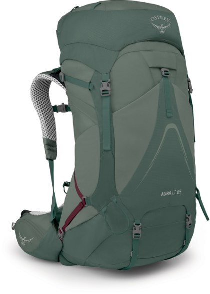 Osprey Aura LT 65 pack from the side, highlighting its lightweight structure and sleek design.