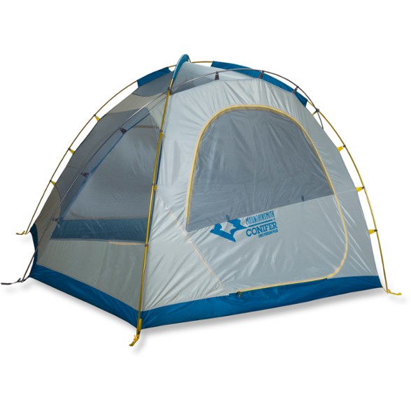 Front angle showing the SummitGlade family tent setup with vestibules open and gear stored