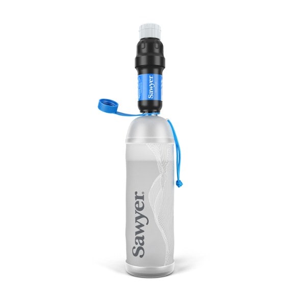 Sawyer Squeeze water filter with Cnoc bottle in a hiking setting