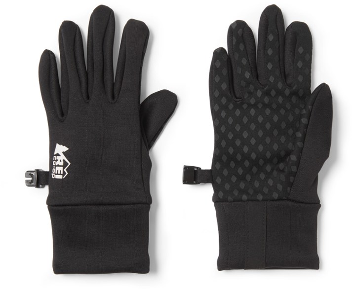 Front view of REI Co-op Flash Shield kids gloves showcasing durable water resistant fabric and silicone grip palms