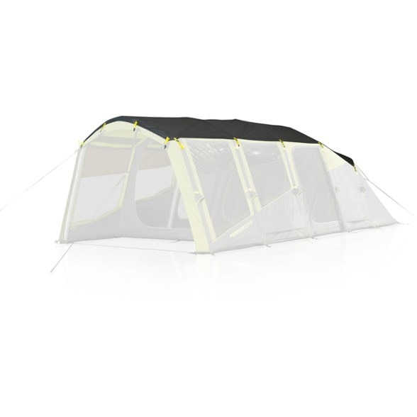 Close-up of Zempire Evo TL V2 weatherproof roof cover showing reflective silver coating and adjustable straps