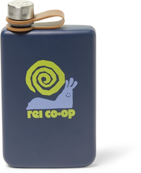 Close-up of stainless steel flask with cap attached, perfect for camping.