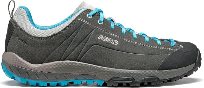 Asolo women's Space GV hiking shoes from the side, highlighting the suede upper and toe bumper.
