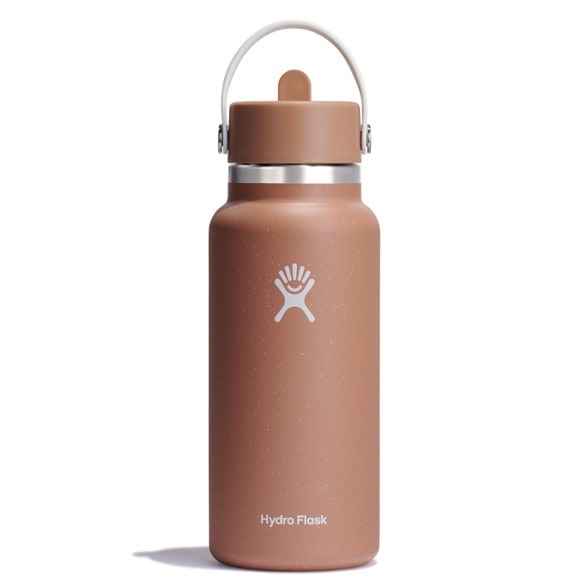 Wide mouth insulated water bottle with leakproof straw cap angled to show durable stainless steel finish